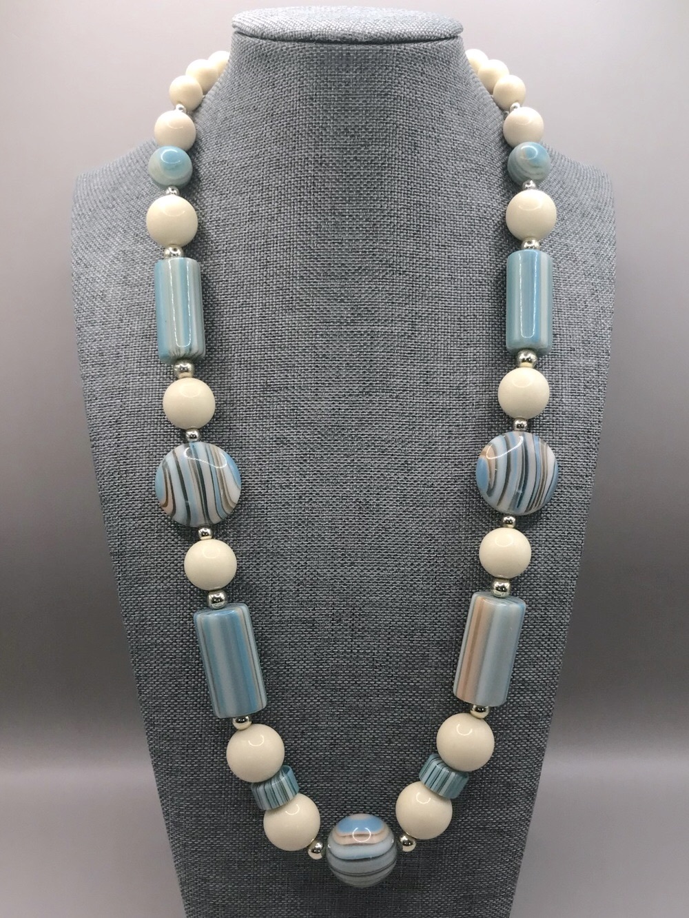 Blue and Cream Acrylic Beaded Statement Necklace